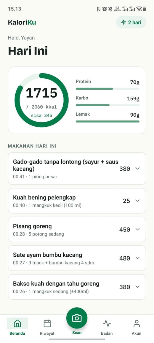 Beranda KaloriKu dengan cincin kalori harian