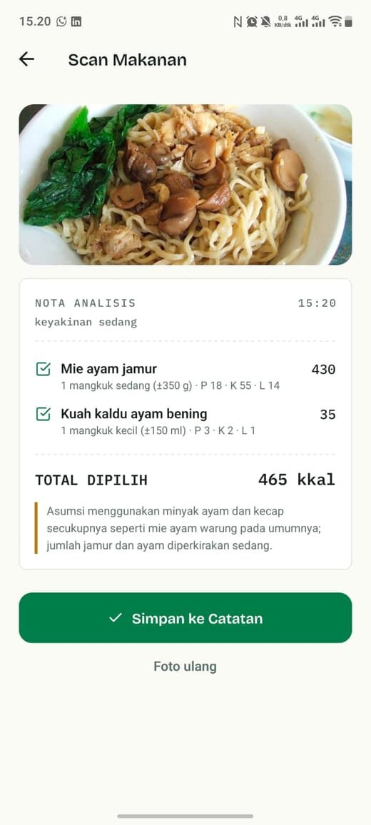 Hasil analisis foto mie ayam jamur di KaloriKu